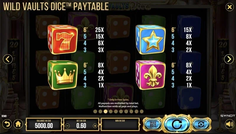 Wild Vaults Dice - grille 6x3 dans le tour bonus avec avalanche